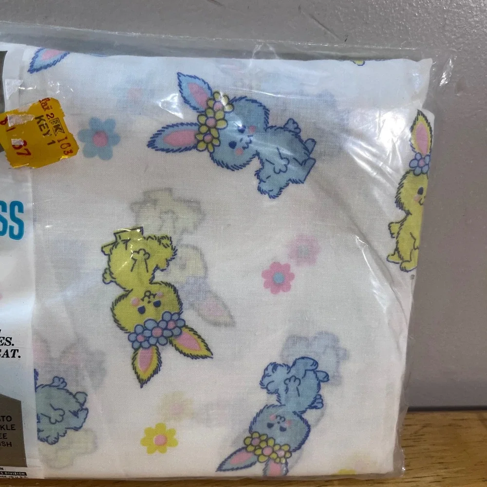 Vtg Riegel Fitted Crib Sheet Blue Yellow Bunny Floral Permanent Press NOS